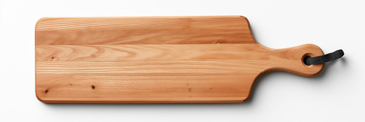 Long wooden cutting board with handle on white background