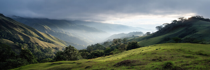 Serene mountain landscape with sunlit valleys and lush greenery under cloudy sky