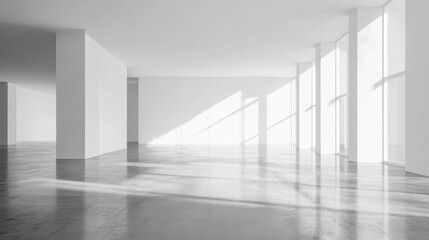 Obraz premium Empty spacious light exhibition or gallery hall with front view on blank white wall, glossy concrete floor, white ceiling and windows. 3D rendering, mockup illustration , no logos, no brands