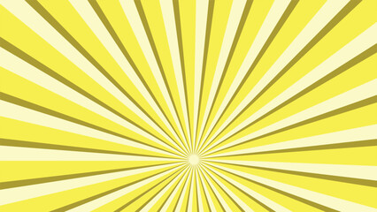 Yellow sun ray background. Amber yellow swirl radial beam sunrise or sunset light retro design illustration. Light sunburst glowing background.