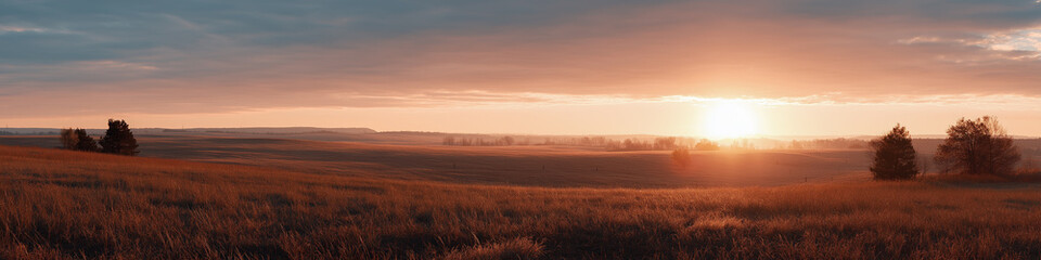 Obraz premium Golden sunrise over serene countryside landscape with rolling hills and trees