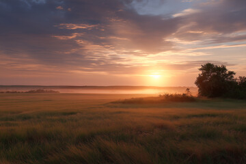 Serene sunrise over misty grassland with gentle clouds