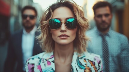 Obraz premium Three stylish individuals, led by a confident woman in a bold blazer, create an air of sophistication and modern fashion in a vibrant urban backdrop.
