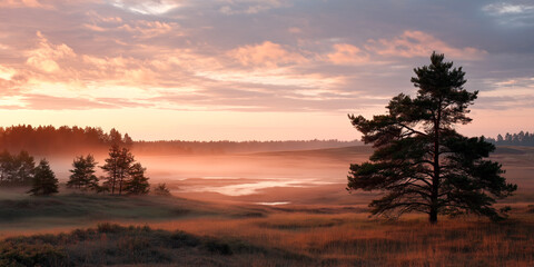 Fototapeta premium Scenic sunrise over misty marshland with lone pine tree and pastel skies