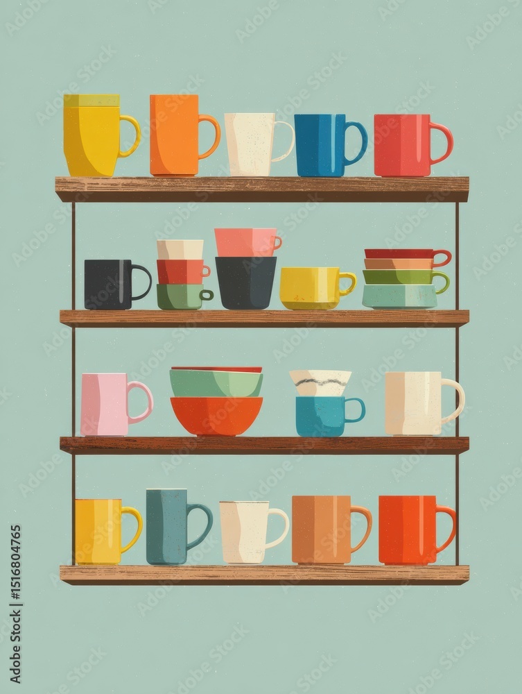 Poster Decorative Kitchen Shelf Featuring Colorful Cups and Mugs in a Minimal Layout on a Soft Background