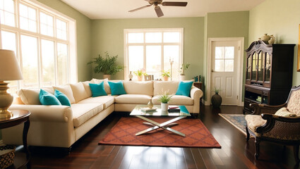 Fototapeta premium Interior of a living room with a sofa and a coffee table