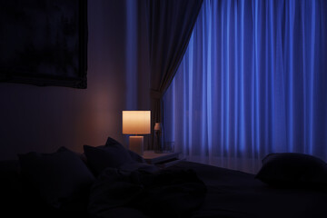 Bed with crumpled duvet beside a large window, illuminated by nightstand lamp. 3D Rendering