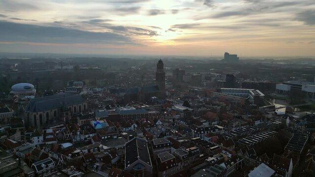Zwolle old historic city center and city walls overhead skyline. Canal around city with rich history, Pepperbus church tower, Sassenpoort, Onze Lieve Vrouwebasiliek aerial