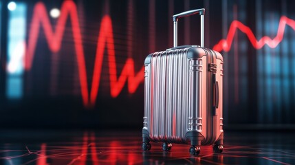 A sleek silver suitcase stands against a digital backdrop with a fluctuating red line graph, symbolizing travel and data analysis.