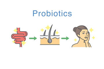 Illustration of probiotics supporting the gut to skin, with glowing intestine and skin icons, leading to a woman touching her face to show healthy, beautiful skin.