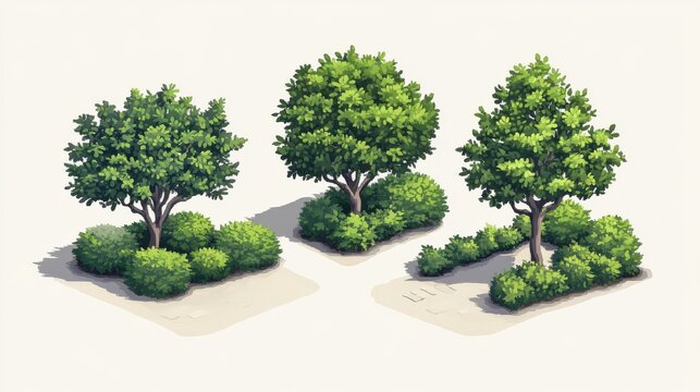 Isometric 3d vector park and garden trees and bushes. Green forest plants collection. Green tree and bush environment illustration illustration , no logos, no brands