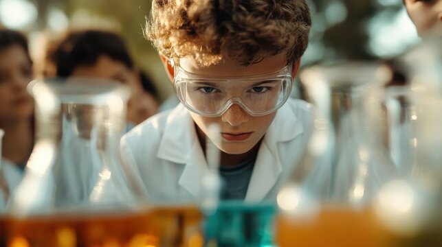 A focused young boy in a lab coat and safety goggles intently observes colorful chemical reactions in laboratory beakers, showcasing his curiosity and passion for science.