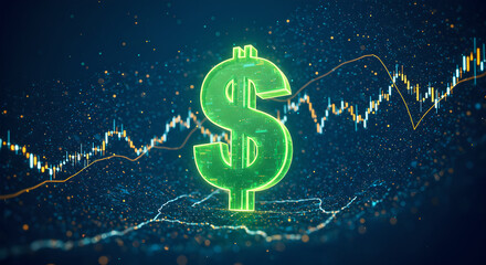 Green dollar sign symbol as digital currency with financial stock market graph. Global economy and business growth concept.