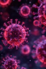 Close-up view of vibrant red virus particles with intricate surface details, showcasing their structure and form against a dark background, representing microscopic life and health concerns