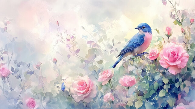 A romantic scene with a watercolor garden of pink roses, blue bird sitting in the flowers, and wild greenery, soft pastel tones