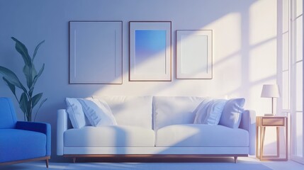 White sofa and blue armchair in living room with posters on the wall illustration , no logos, no brands