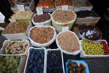 Foodstuff pistachios and nuts at the Bazaar, Syria