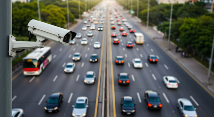 Security camera on road monitor traffic. Surveillance system on urban highway. Public safety and smart city technology concept.
