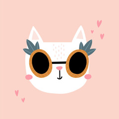 vector illustration of a cute cat face wearing pineapple glassees