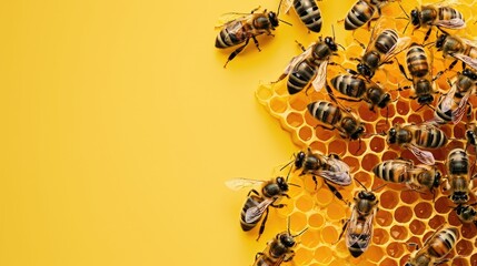 A close-up of honey bees on a honeycomb against a bright yellow background, horizontal banner, copy space, free space for text