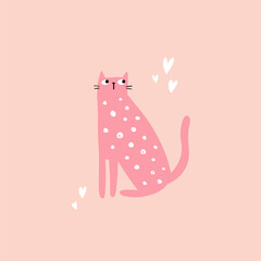 vector illustration of a cute pink cat and little white hearts