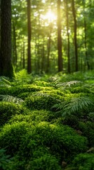 Fototapeta premium Close-up of Moss and Ferns on Sunlit Forest Floor Smartphone or Social Media Background