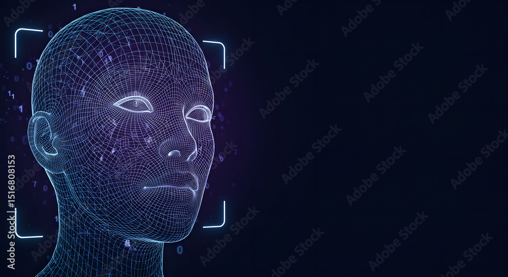 Poster digital human face made of wireframe mesh with binary code. facial recognition data on dark backgrou