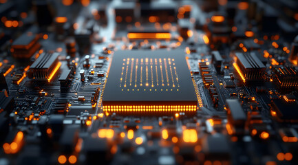 Computer chips assembly line in manufacturing plant, modern electronics production factory