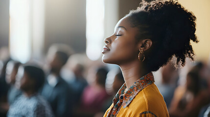 Young African American Woman Praying and Worshiping in Church Service