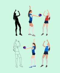 A versatile graphic featuring a volleyball player demonstrating both serving and setting actions, presented in outline, silhouette, and colored variations.