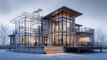Obraz premium A modern architectural design concept for a house under construction, with a digital blueprint overlay showcasing the plans for the next luxury residence