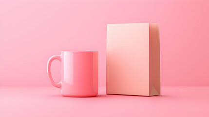 Pink Ceramic Mug And Box Mockup On Pink Background