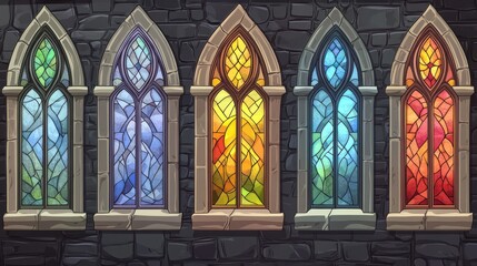Fototapeta premium Colorful stained glass windows with stone frame. Vector cartoon set of medieval gothic mosaic windows for interior of catholic cathedral, castle, palace, chapel and antique house