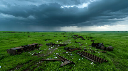War Damaged Military Equipment in a Green Field Under a Stormy Sky