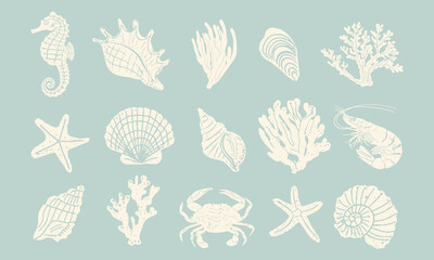 Set of various sea shells, starfishes,corals and marine animals. Aquarium plants. Underwater reef and ocean plants flora vector illustration icons set