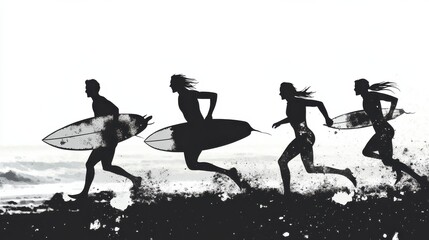 Happy surfers running with surf boards on the beach - Sporty people having fun in sunny day - Extreme sport, travel, vacation concept - Focus on left male silhouette - Black and white vintage editing