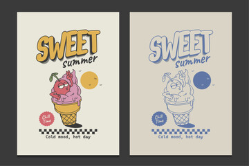 cartoon summer poster with retro ice cream character, vector illustration