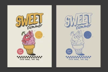cartoon summer poster with retro ice cream character, vector illustration