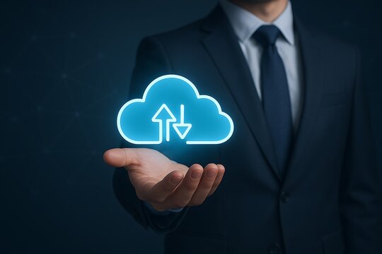 Businessman presenting cloud computing data transfer