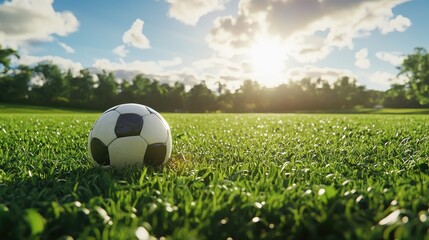 Fototapeta premium A soccer ball resting on a lush green field under a bright, sunny sky, capturing the essence of an inviting day for sports.