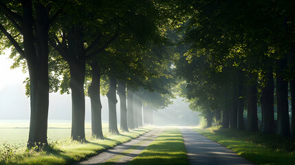 Misty Country Lane With Trees Lined Up
