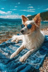 Fototapeta premium Dog wearing sunglasses relaxing on a blue blanket by the water, enjoying a sunny day at the beach, surrounded by nature and a clear sky, embodying a carefree lifestyle