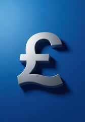 Silver 3D Pound Sterling (£) Currency Symbol on a Vibrant Blue Background - UK Economy and Finance Concept.