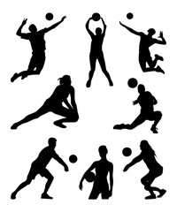 Art & Illustration. A versatile collection of dynamic volleyball player silhouettes in various poses, capturing the essential movements of the sport. 