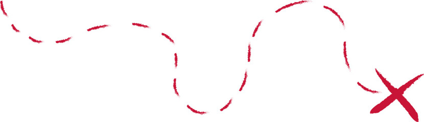 Treasure map element. A dashed line and red X mark ink on the map, the treasure map with a dotted line, X marks the spot, dashed line to an X, red ink	
