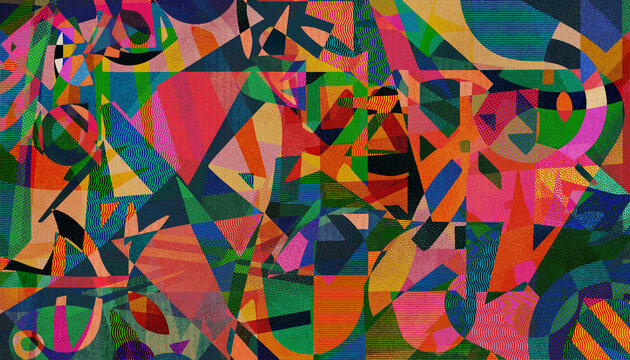 Silent Tapestry - Colorful Abstract Geometric Collage with Overlapping Shapes and Textured Patterns