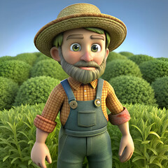 Friendly farmer in straw hat smiles.