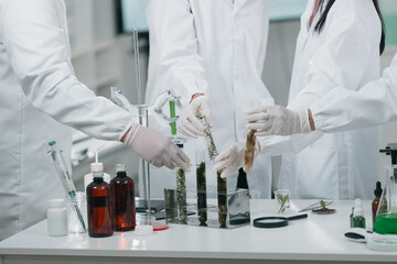 Young researchers collaborating in a modern laboratory, conducting chemical and biological...