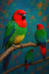 Obraz premium Vivid Red-and-Green Parrots Perched on Branch Against Vibrant Teal Background