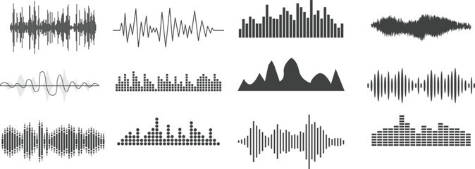 Black sound waves. Abstract music wave, radio signal frequency and digital voice visualisation. Tune equalizer vector set. Monochrome volume audio lines, soundwaves rhythm isolated on white background